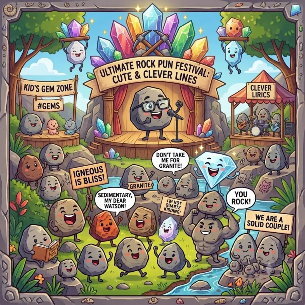 Cute cartoon stones celebrating at a rock pun festival with colorful crystals.