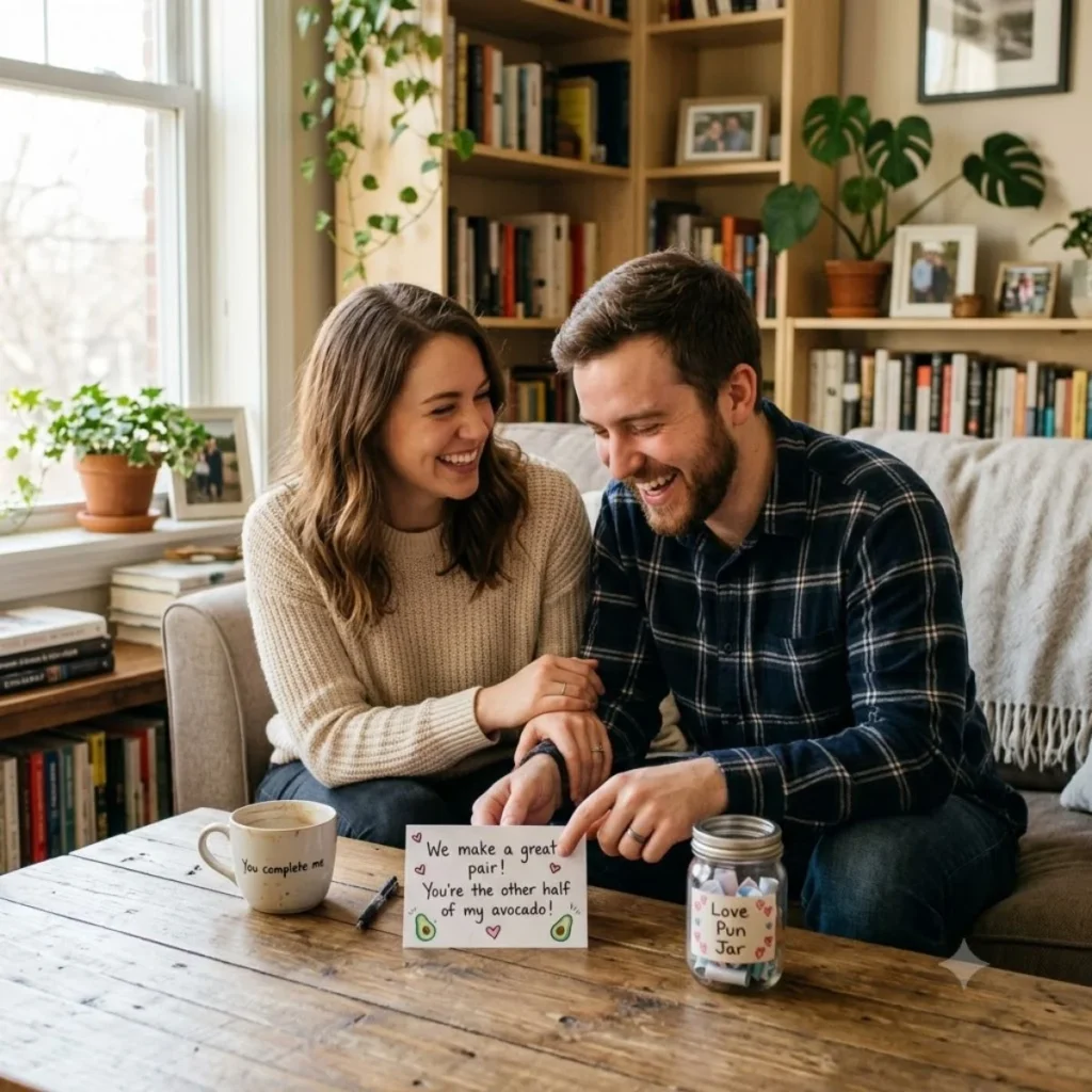A couple sits on a couch laughing together while looking at an avocado love pun card on a wooden coffee table.