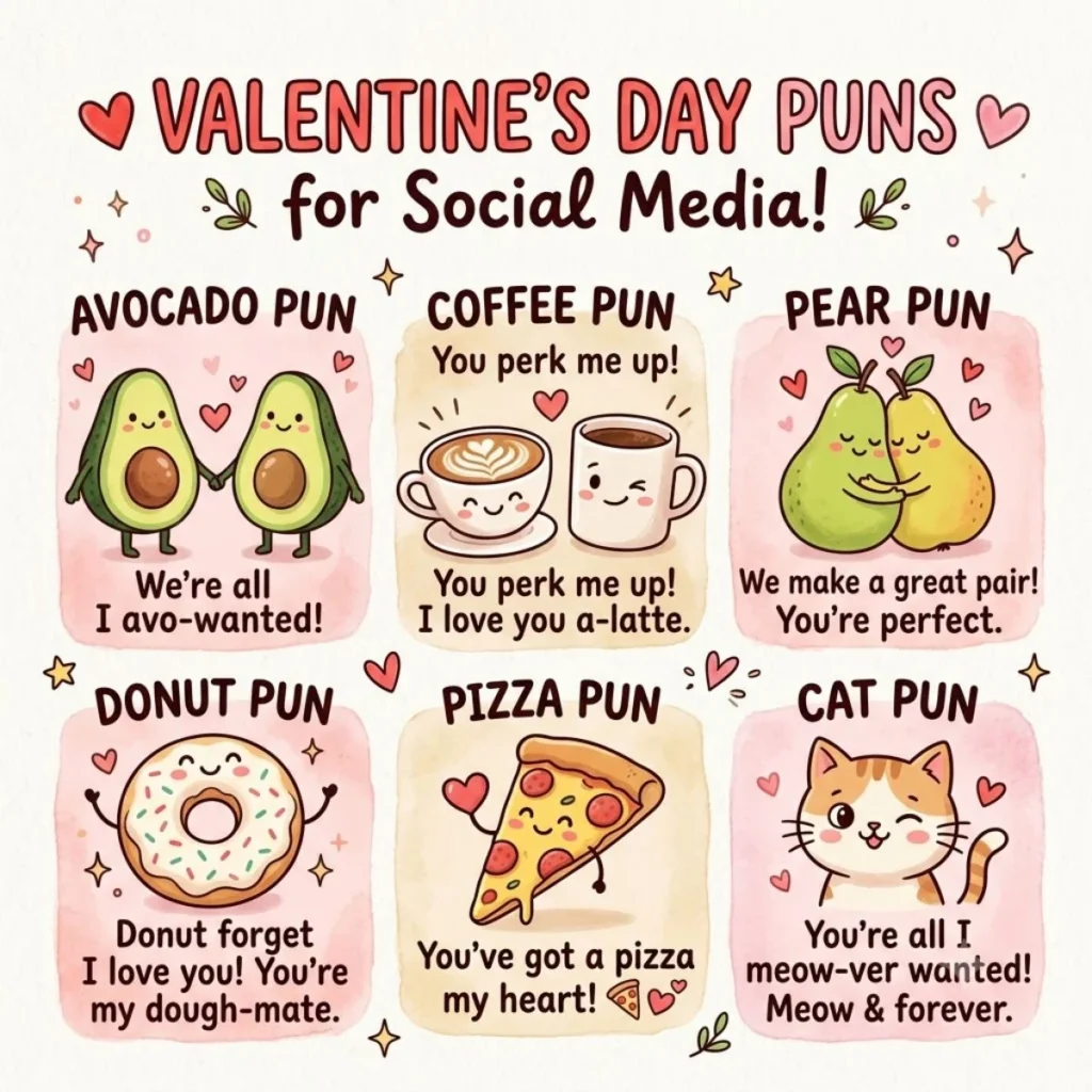 Cute social media template featuring sweet Valentines Day food and cat puns in a pastel grid.