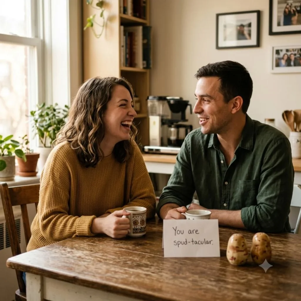 A smiling couple laughs at a kitchen table next to a handwritten note that reads You are spud-tacular.