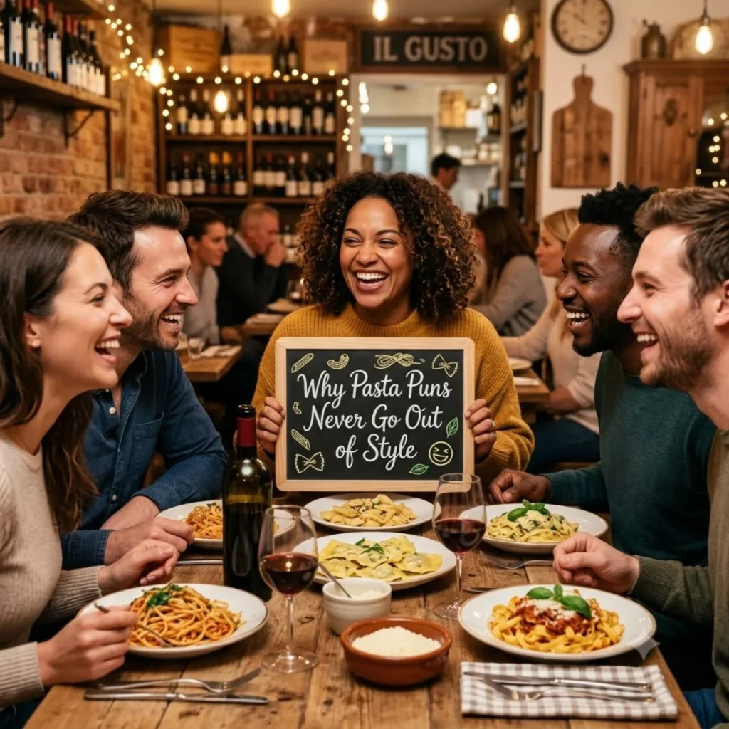 A group of friends laughing at an Italian restaurant around a table while holding a Why Pasta Puns Never Go Out of Style sign.