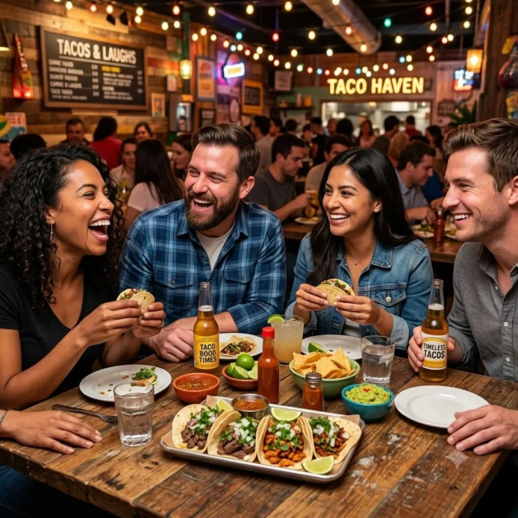 Happy friends laughing while eating fresh tacos and chips at a crowded Taco Haven restaurant table