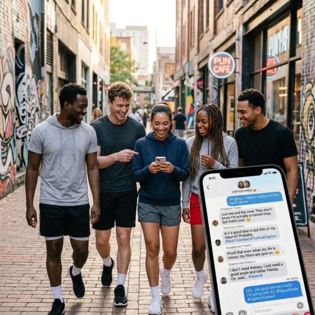 Five friends walking in an urban alley and laughing at funny captions shown on a smartphone.