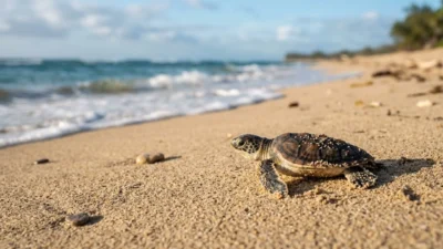 Baby sea turtle crawling across a golden sand beach toward the ocean waves under bright daylight