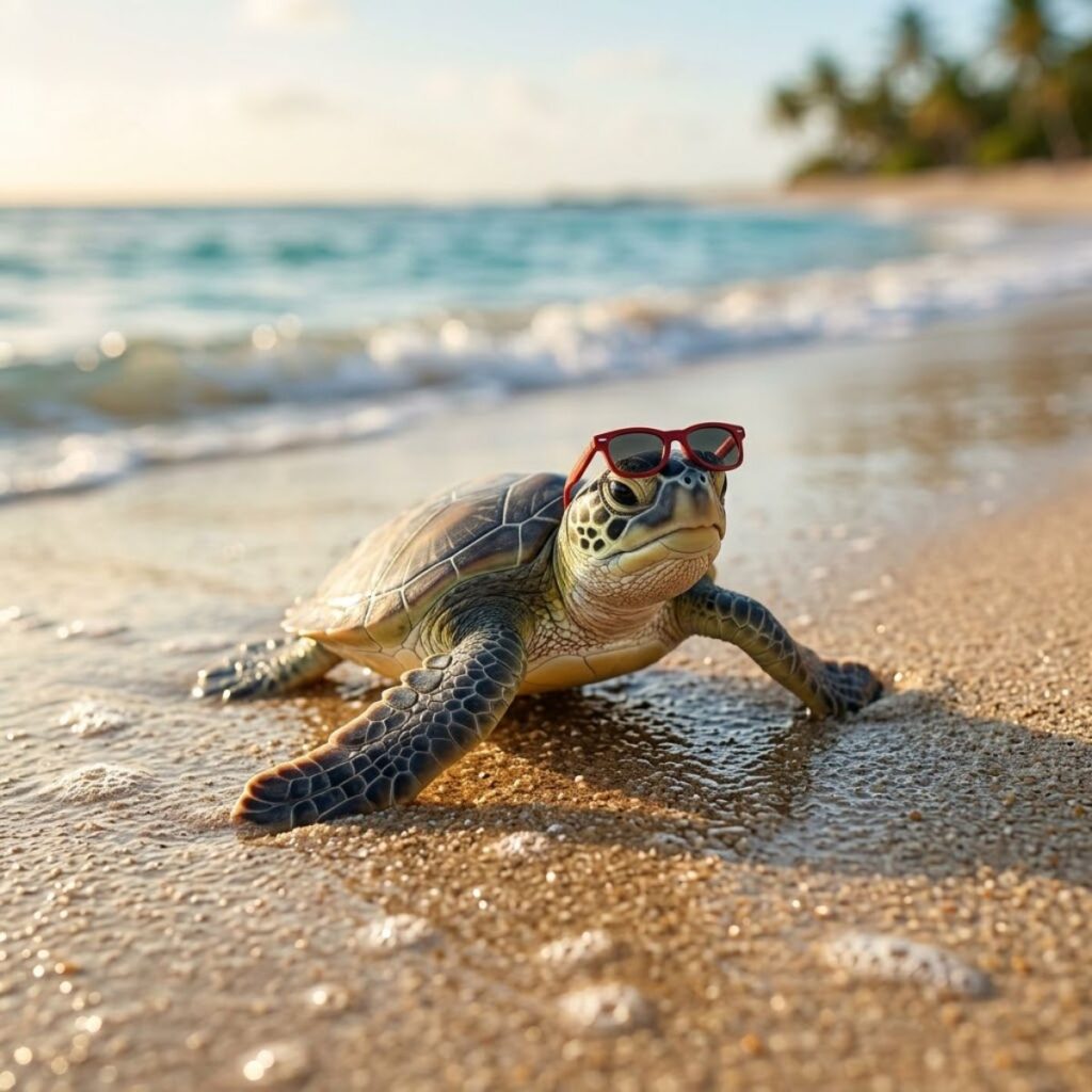 Baby sea turtle wearing red sunglasses on a sandy beach by the ocean waves in warm sunlight