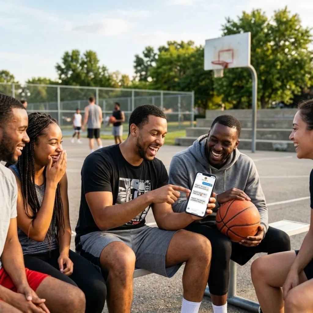 Friends sitting on a basketball court bench laughing at messages on a smartphone.