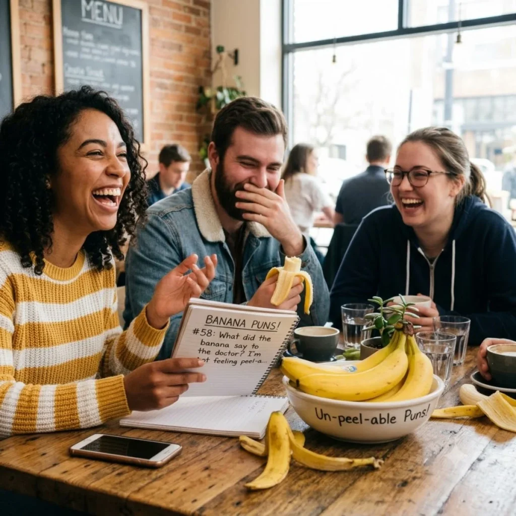 Friends laughing at a cafe table while reading banana puns from a notebook near a bowl of bananas