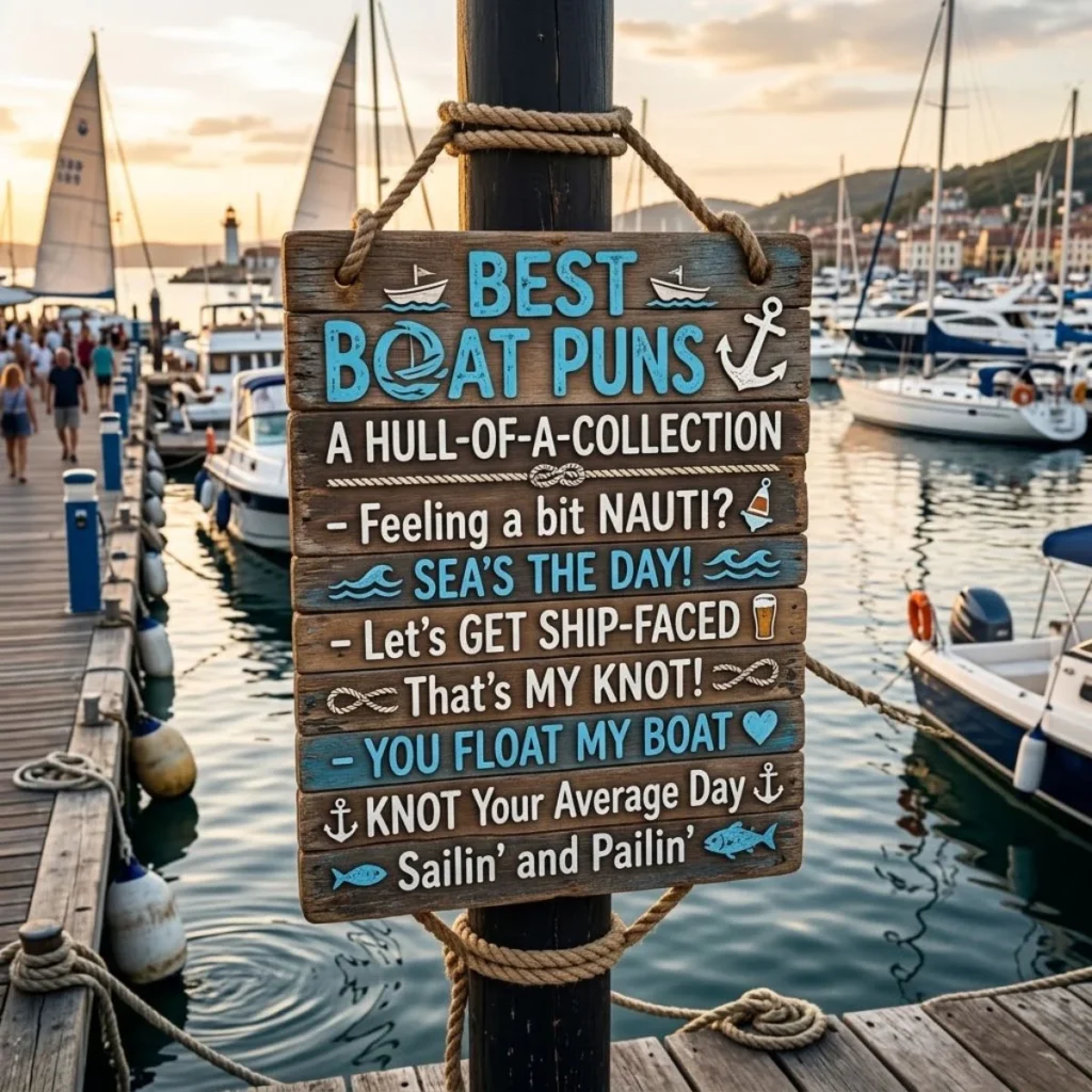 Rustic wooden sign with humorous boat puns hanging on a dock post at a harbor full of yachts and boats