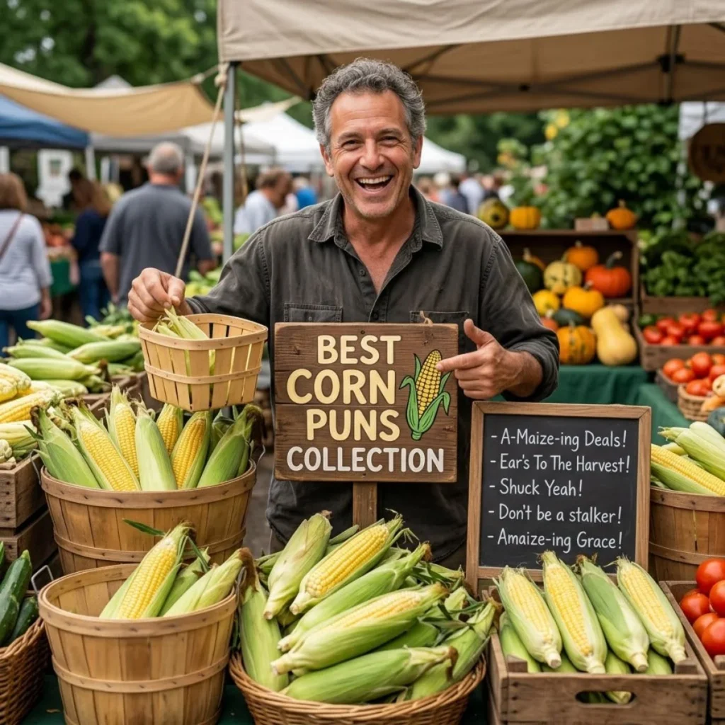 A laughing man holds a wooden basket of corn next to a Best Corn Puns Collection sign at a market.