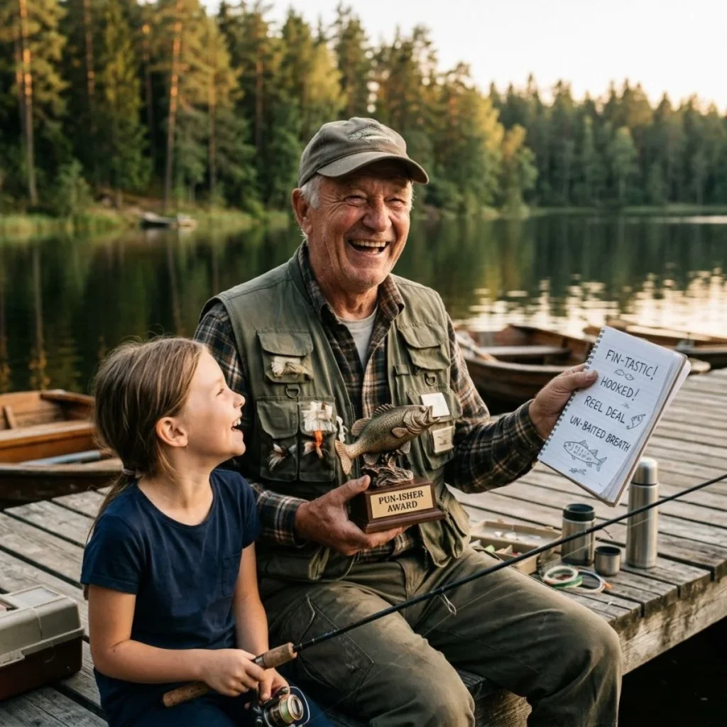 A smiling fisherman holding a pun award and notepad next to a laughing girl on a wooden lake dock.
