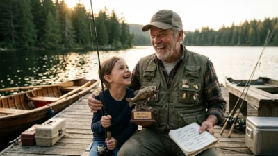 A grandfather and granddaughter laughing on a wooden dock with a fishing trophy and tackle gear at golden hour.
