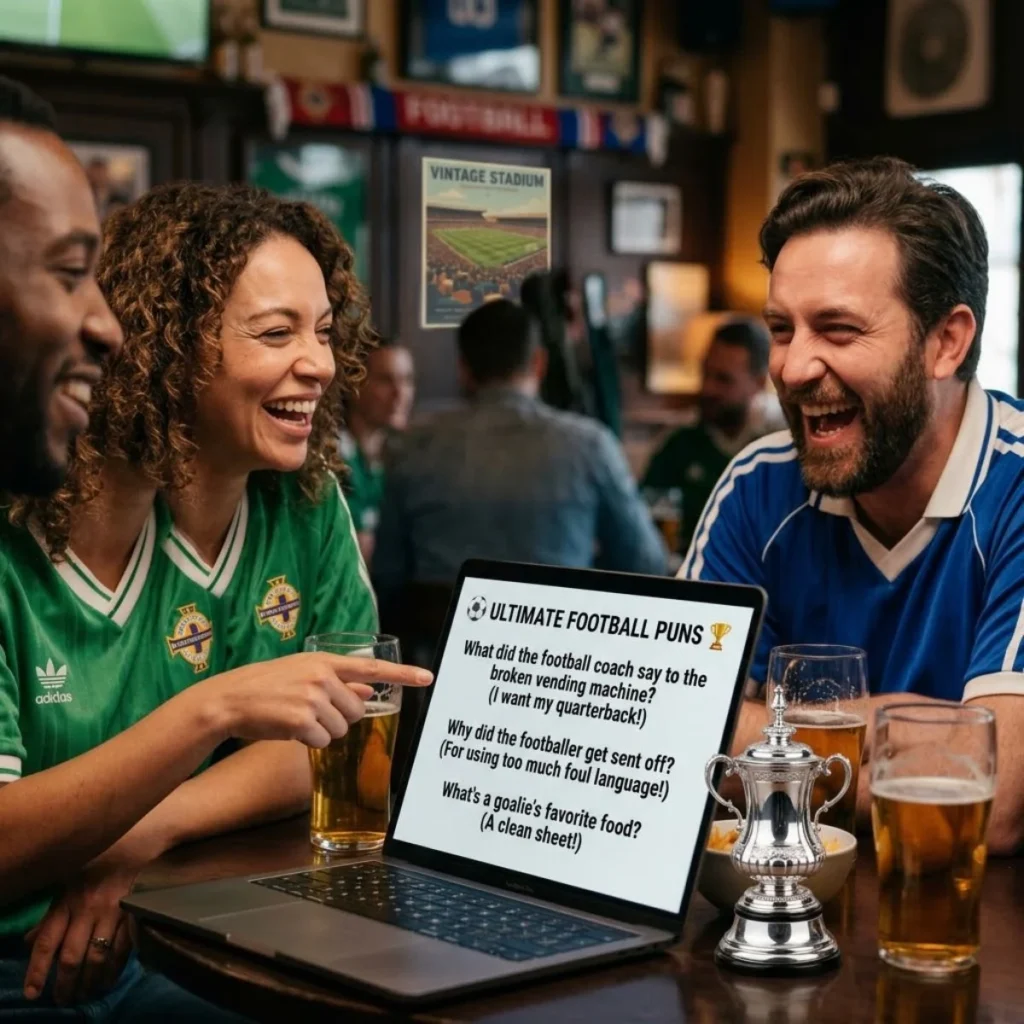 Football fans laughing together at ultimate football puns on a laptop beside a small trophy in a sports pub