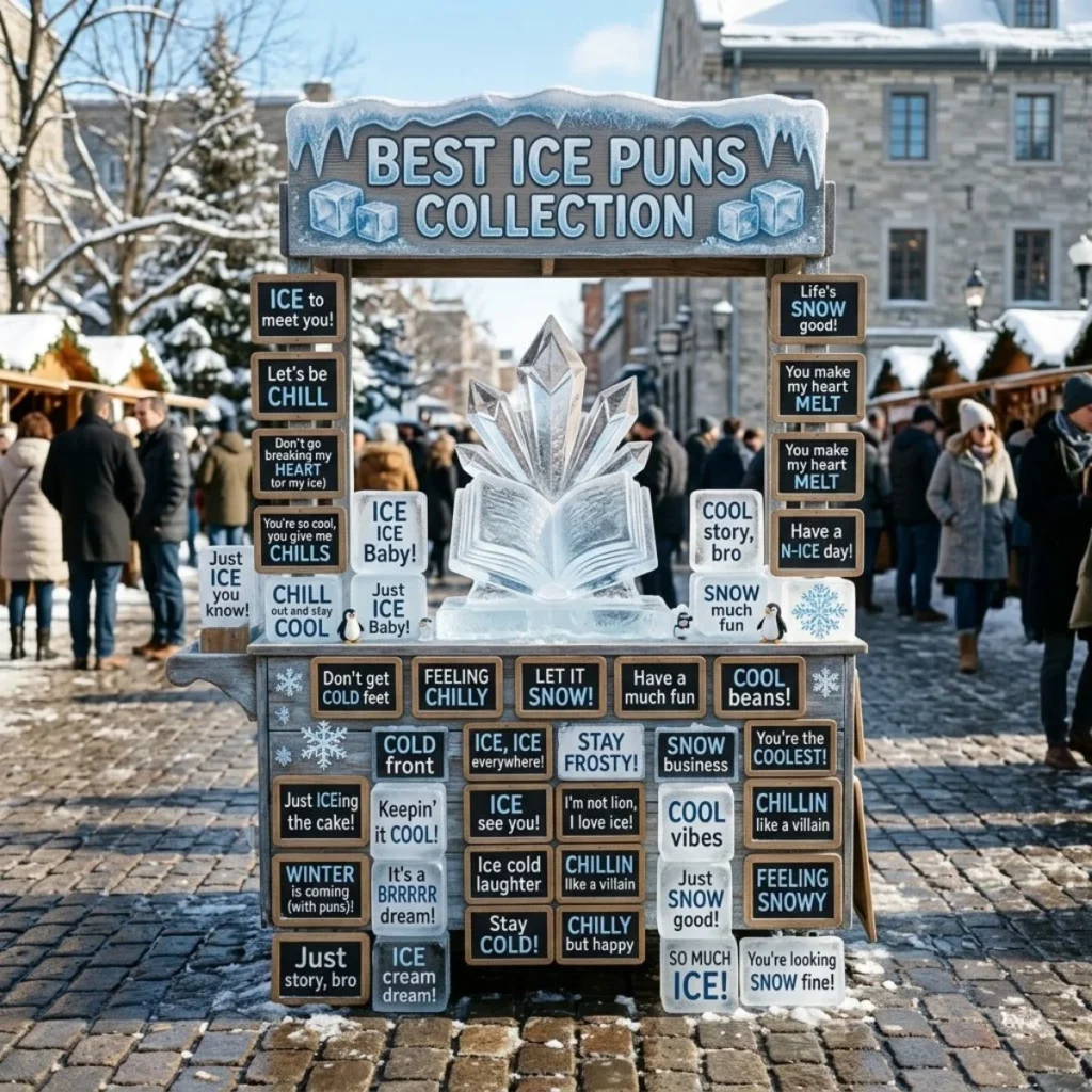 Outdoor winter market stand featuring an ice sculpture and boards with funny ice puns on cobblestone.