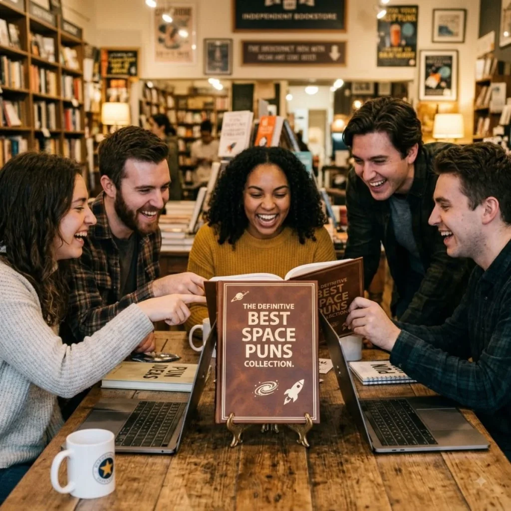 Five happy friends laughing together around a table reading a book titled The Definitive Best Space Puns Collection.
