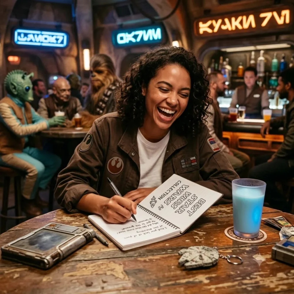A smiling woman writes in a notebook reading Best Star Wars Puns Collection inside a crowded galactic cantina.
