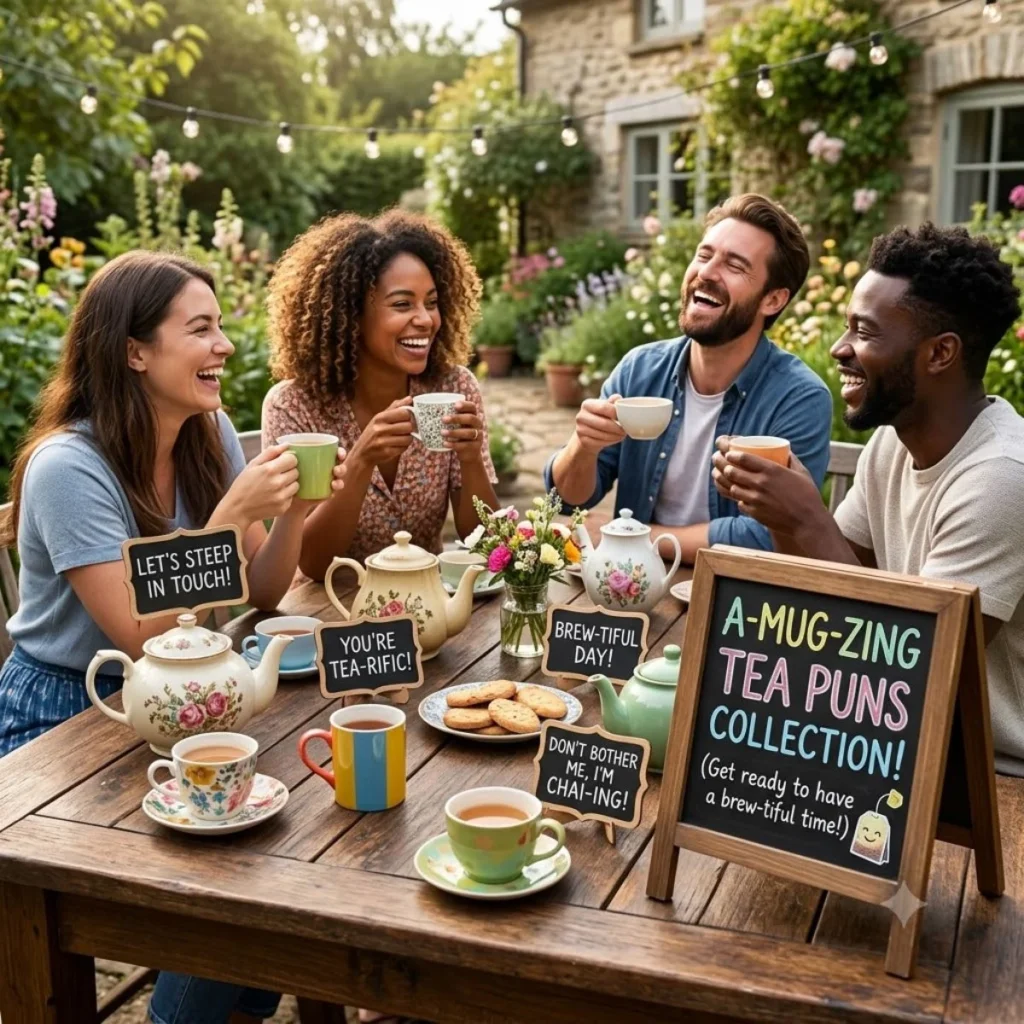 Four smiling friends enjoying tea outdoors at a wooden table with ceramic teapots and small punny chalkboard signs