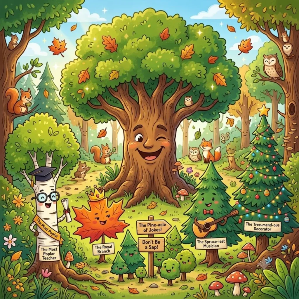 Cute cartoon forest filled with smiling trees, owls, squirrels, and small signs displaying funny nature puns