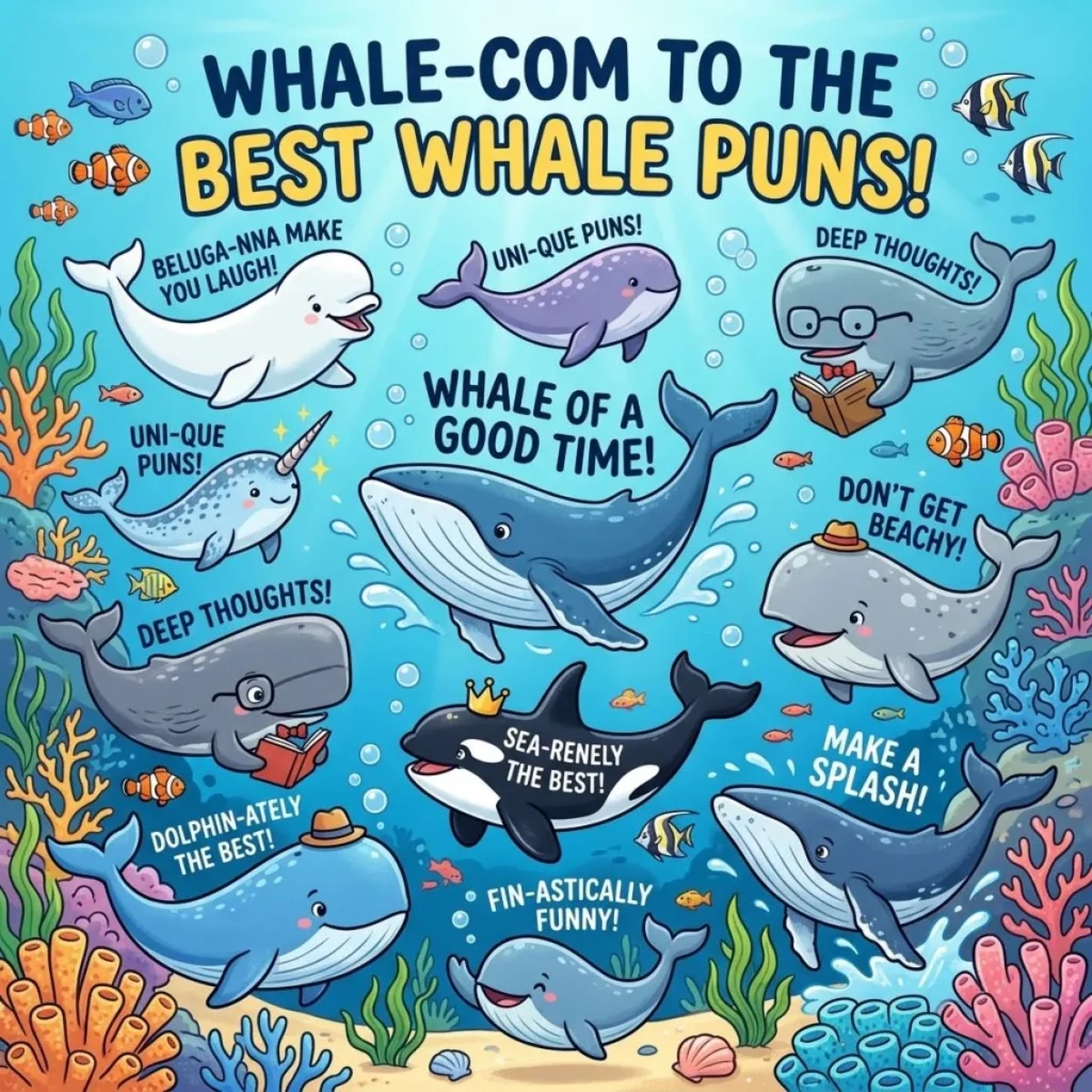 Cute cartoon whales with ocean puns and wordplay in a colorful underwater scene