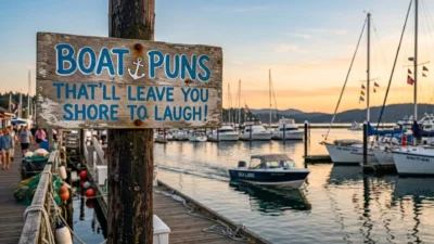 Rustic wooden sign reading boat puns that will leave you shore to laugh on a marina pier at sunset