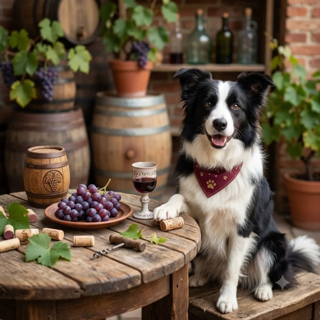 Cute black and white Border Collie wearing a bandana sitting at a wooden table with fresh grapes and wine barrels