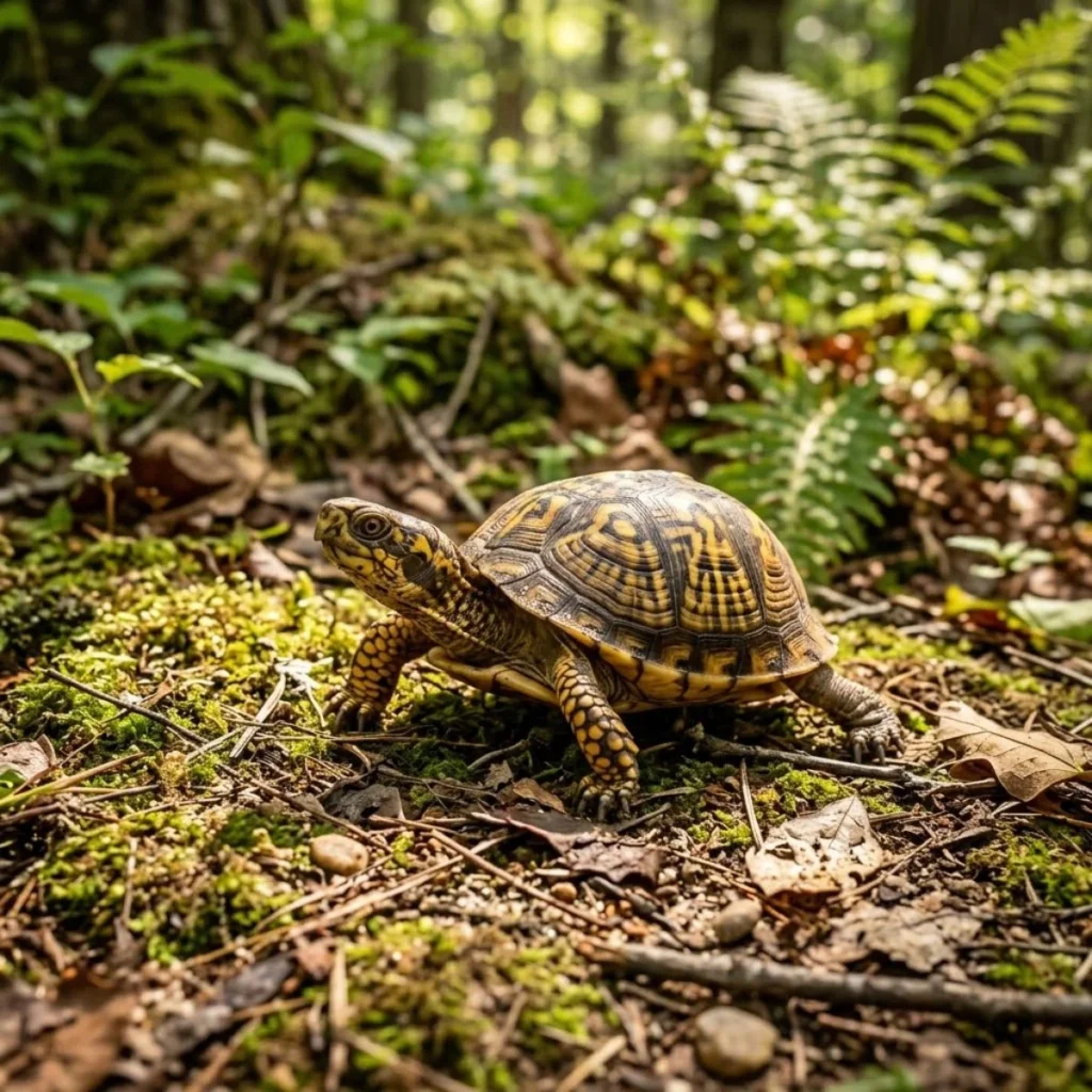 Box turtle with yellow patterns crawling across moss and dry leaves on a sunny forest floor