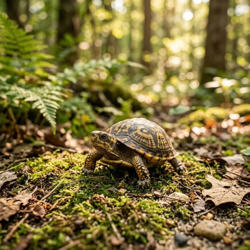 Small box turtle walking over green moss and dry leaves under soft sunlight in a lush forest
