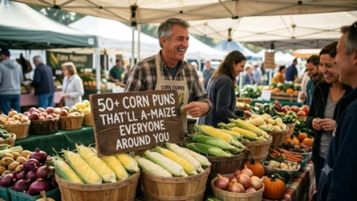 A smiling farmer points to a sign reading 50+ Corn Puns at a bustling outdoor farmers market.