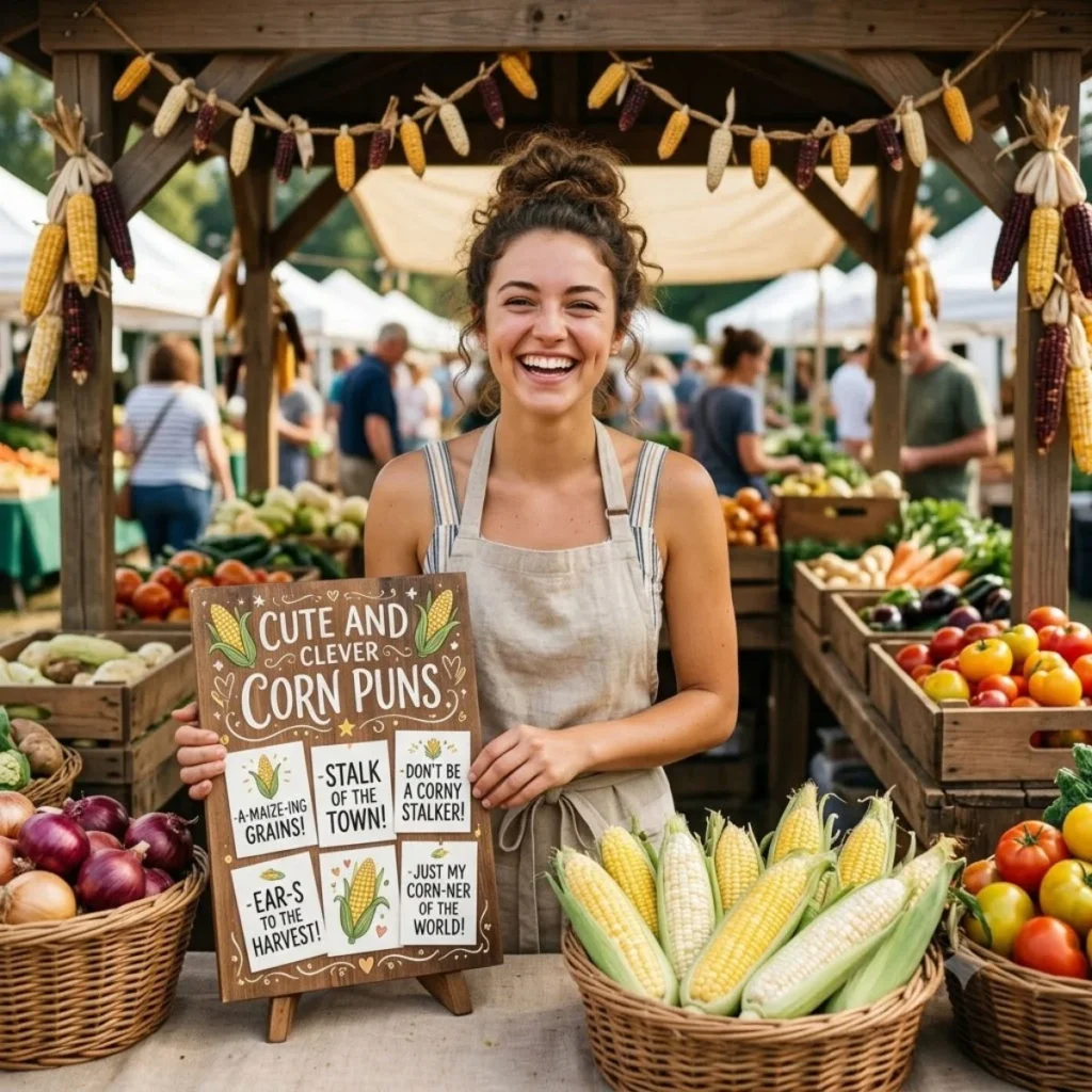 A laughing woman in an apron displays a cute and clever corn puns sign at a market stand.
