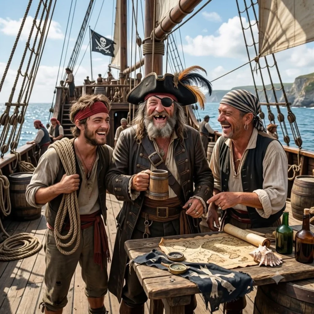 Three happy pirates laughing around a wooden table with a map on a sunny ship deck