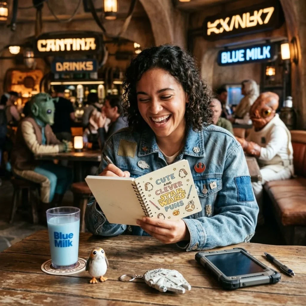 A smiling woman writes in a notebook titled Cute And Clever Star Wars Puns inside a lively space cantina.