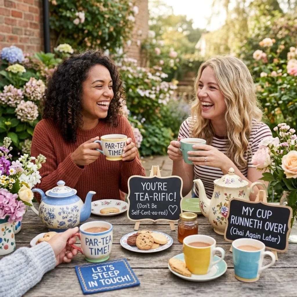 Two smiling women sharing tea in a floral garden at a wooden table decorated with punny mini chalkboards