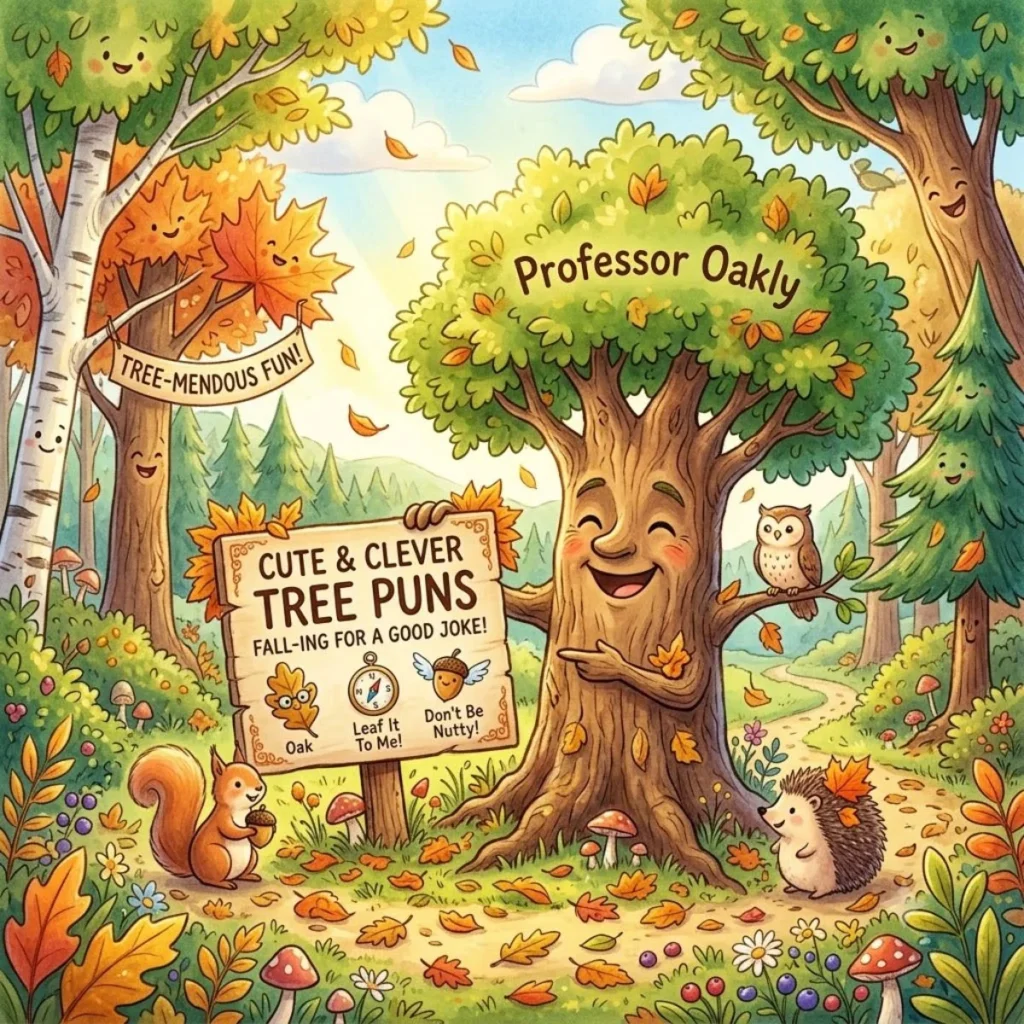 Cartoon oak tree pointing at a cute and clever tree puns wooden sign in a colorful autumn forest with animals