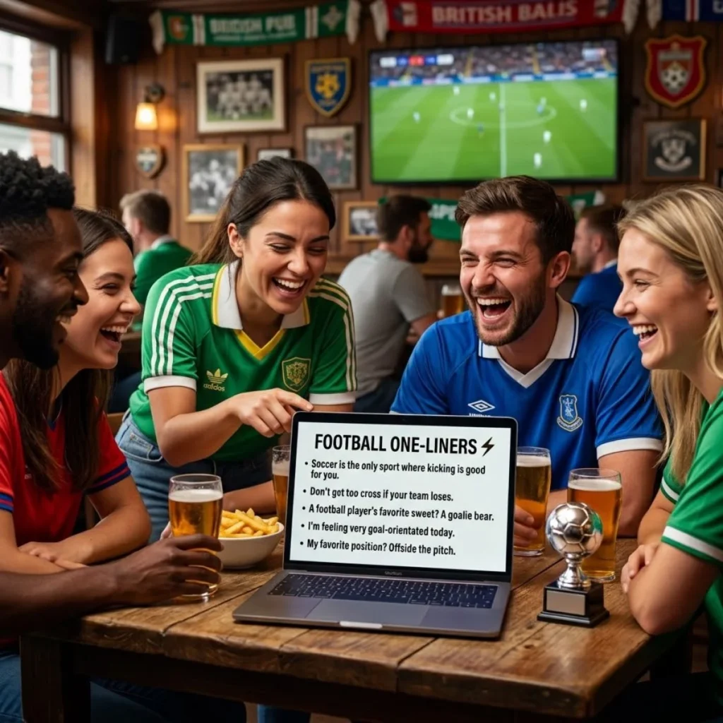 Smiling friends at a pub table looking at football captions on a laptop beside drinks and a trophy