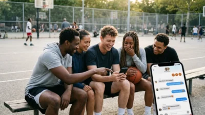 Diverse friends sitting on a court bench laughing at basketball puns in a phone group chat.