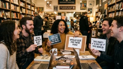 Five friends sitting at a bookstore table laughing while holding printed signs with funny space puns.