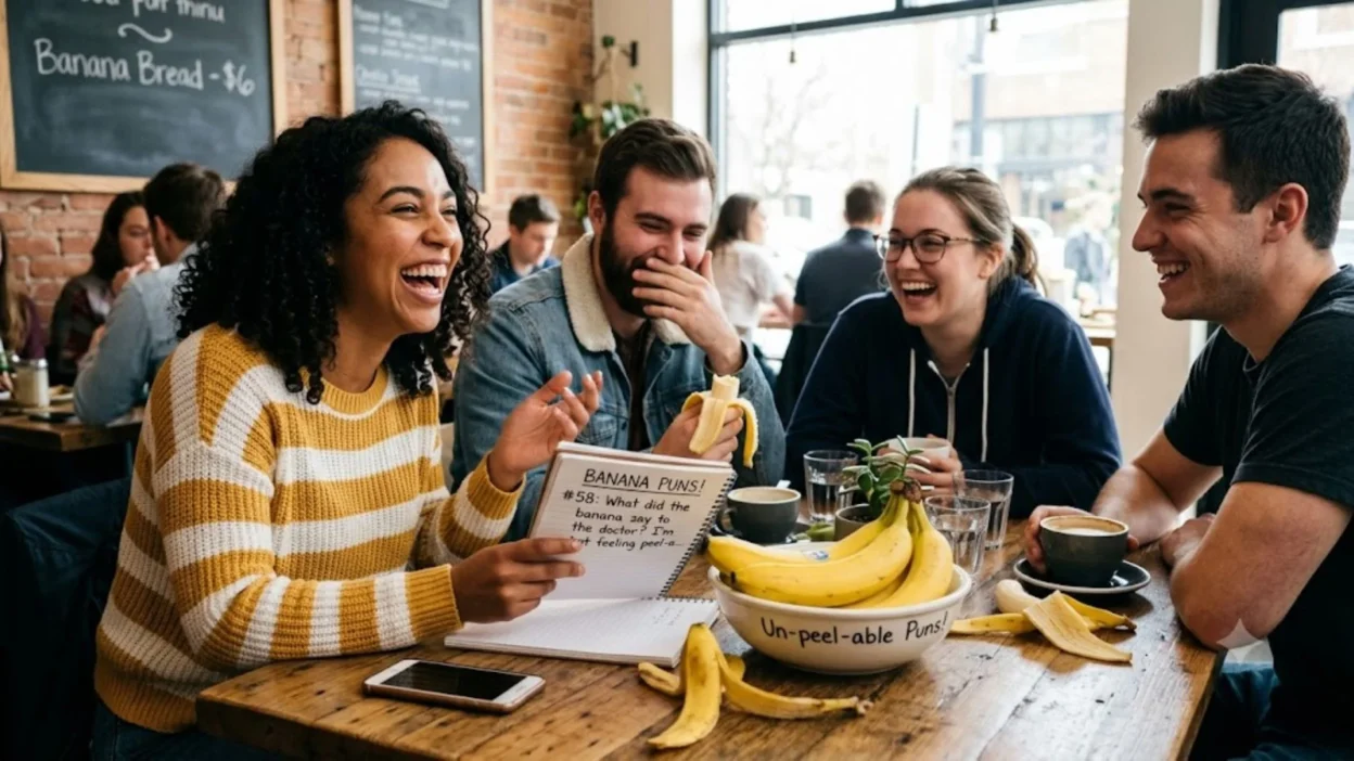 Four friends laughing together at a rustic cafe table featuring fresh bananas and a notebook filled with banana puns