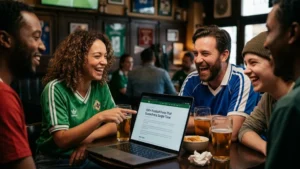 A group of diverse football fans laughing together around a laptop displaying football puns inside a pub