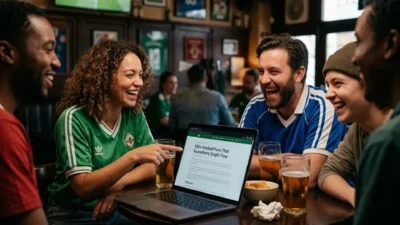A group of diverse football fans laughing together around a laptop displaying football puns inside a pub