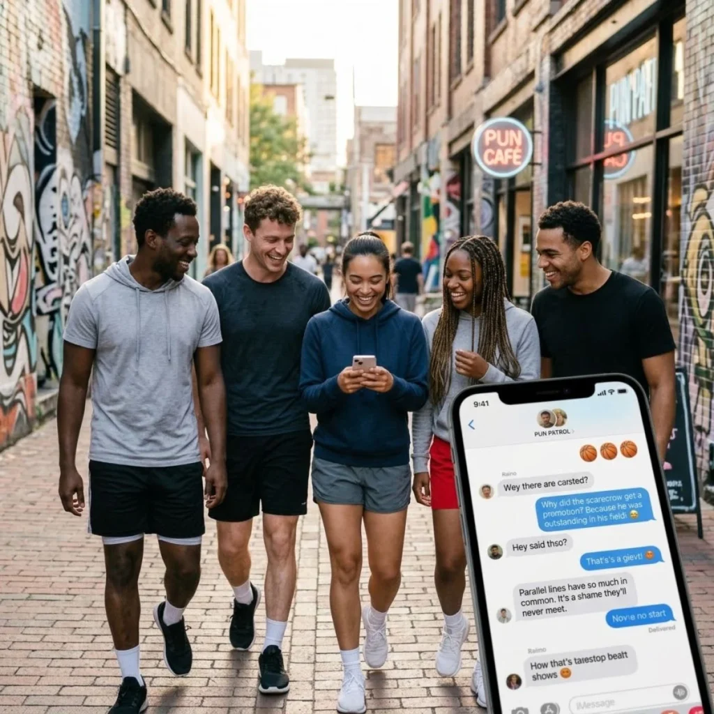 A group of five friends smiling and walking down a brick alley looking at a smartphone screen.