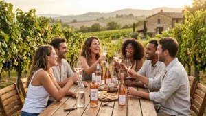Diverse friends laughing and clinking wine glasses at a vineyard table during sunset