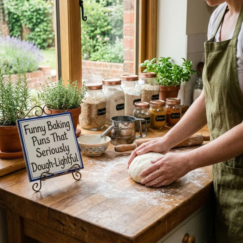 Baker hands shaping smooth dough on a wooden counter with jars, flour, and potted herbs.