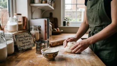 Baker kneading fresh dough on a wooden kitchen counter with baking ingredients nearby.