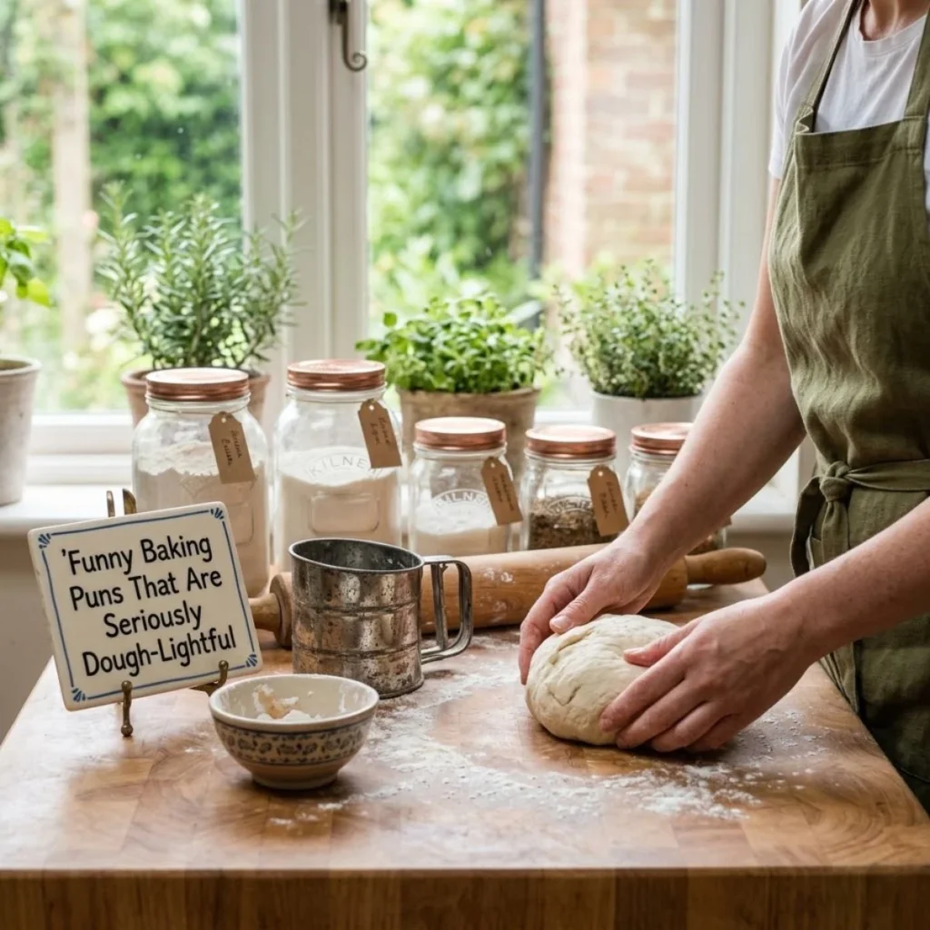 Baker in a green apron shaping bread dough on a wooden counter with glass ingredient jars.