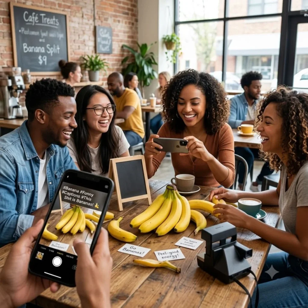 Friends taking smartphone photos of bananas and captions on cards at a cozy cafe table