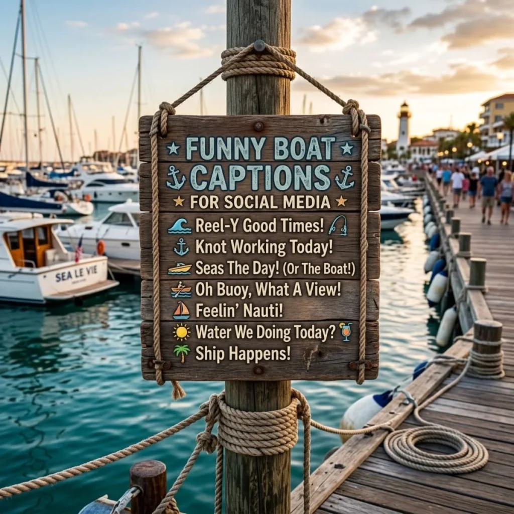 A rustic wooden sign lists funny boat captions for social media at a marina with boats at sunset.