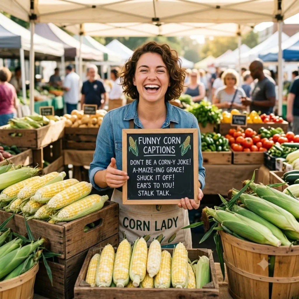 A laughing woman wearing a corn lady apron holds a funny corn captions sign at a farmers market.