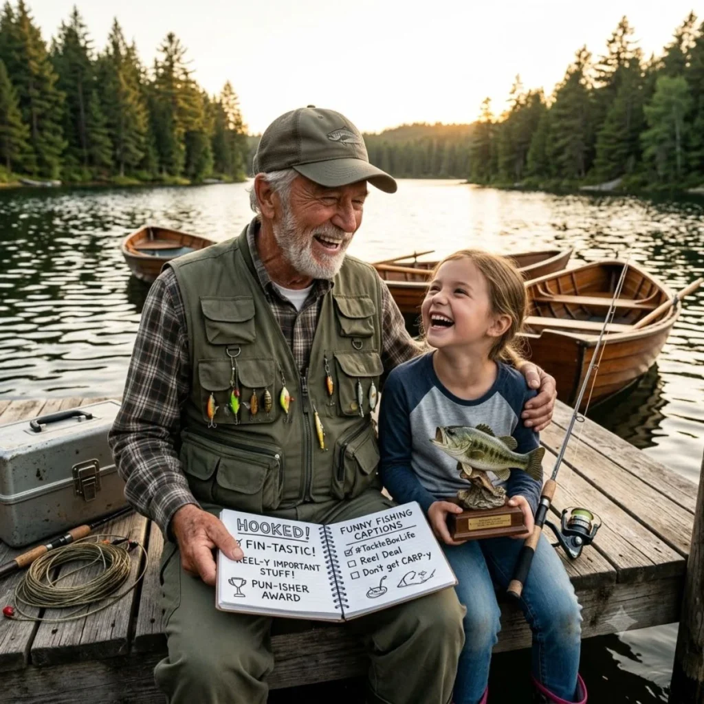 An older fisherman and a young girl smiling on a wooden dock with a bass trophy and notebook of fishing captions.