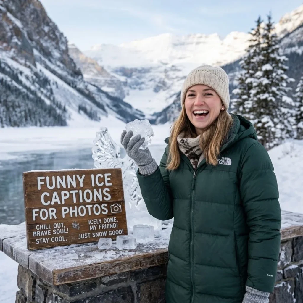 Smiling woman in green winter jacket holding an ice chunk next to a wooden ice captions sign in the snowy mountains.