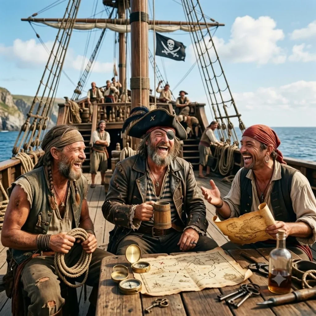 Three laughing pirates gathered around a treasure map on a wooden ship deck under a blue sky