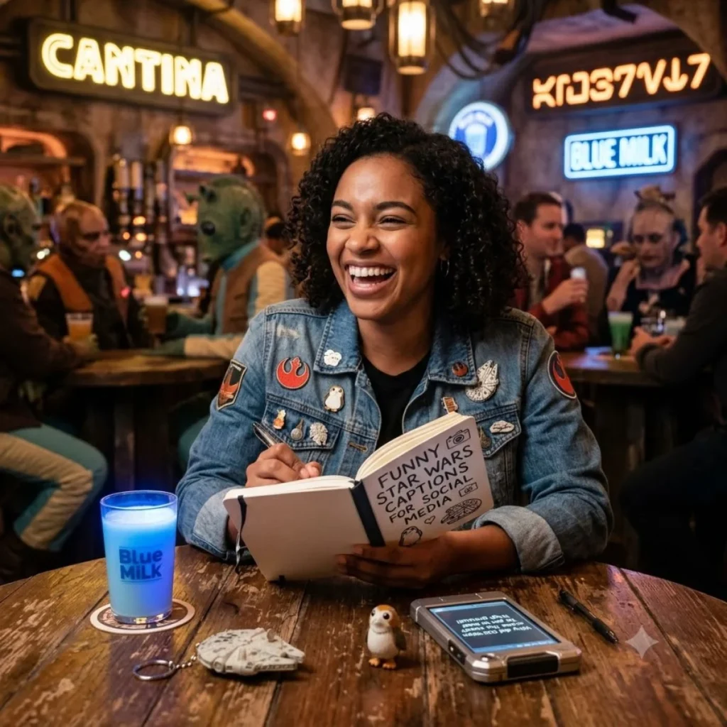A smiling woman holds a notebook with Funny Star Wars Captions For Social Media written on it in a cantina.